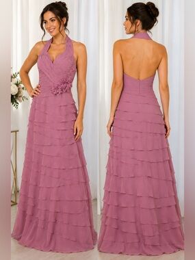 L’Amei Rose Halter Neck Ruffled Maxi Evening Gown Dress Size XS Wedding Formal